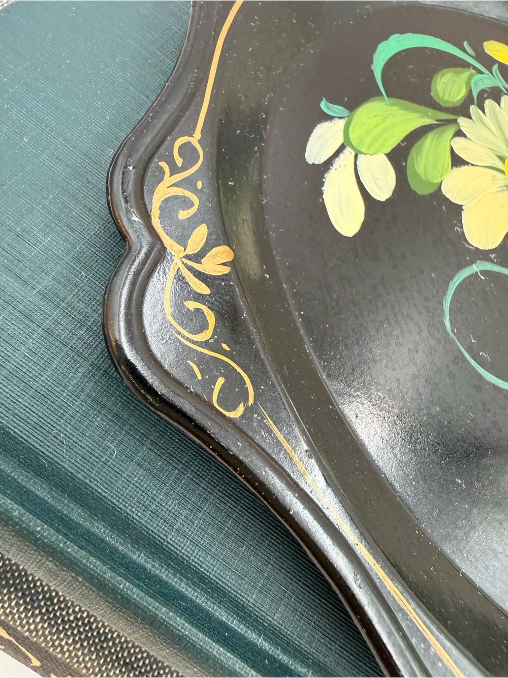 Vintage Russian Hand Painted Floral Flowers Toleware Black Serving Tray 7x6 - Picture 3 of 11